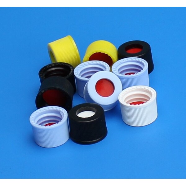 Black Open Top Preassembled Cap, PTFE/Red Rubber Septa, 0.040, PK100